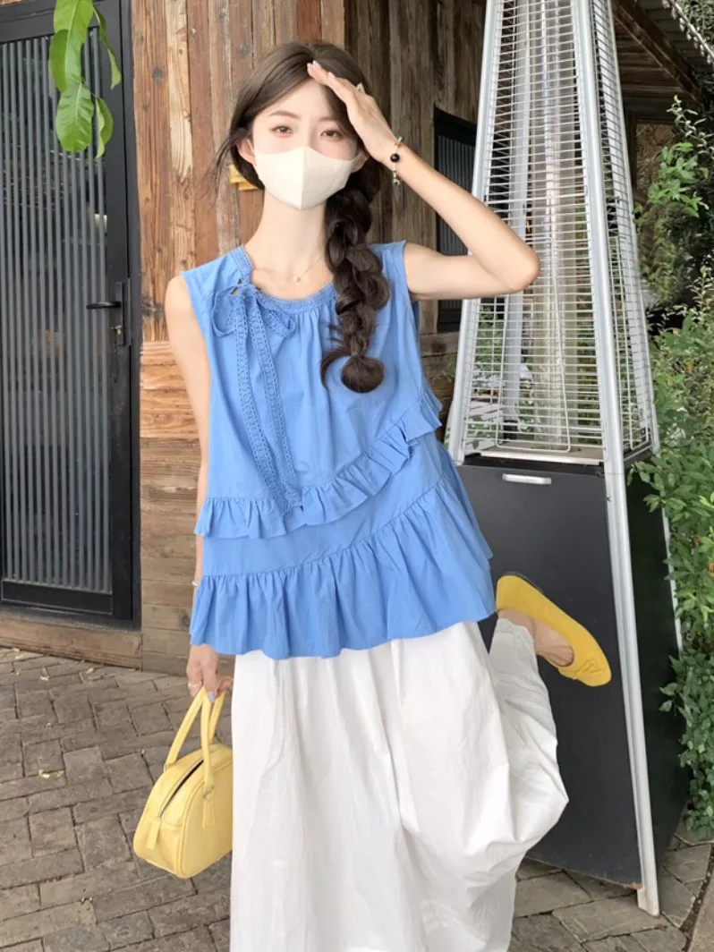 

Dopamine Blue Ribbon Shirt Women Summer 2026 New Design Sensation Sleeveless Vest Doll Shirt Cotton Linen Top Sweet Style Loo...