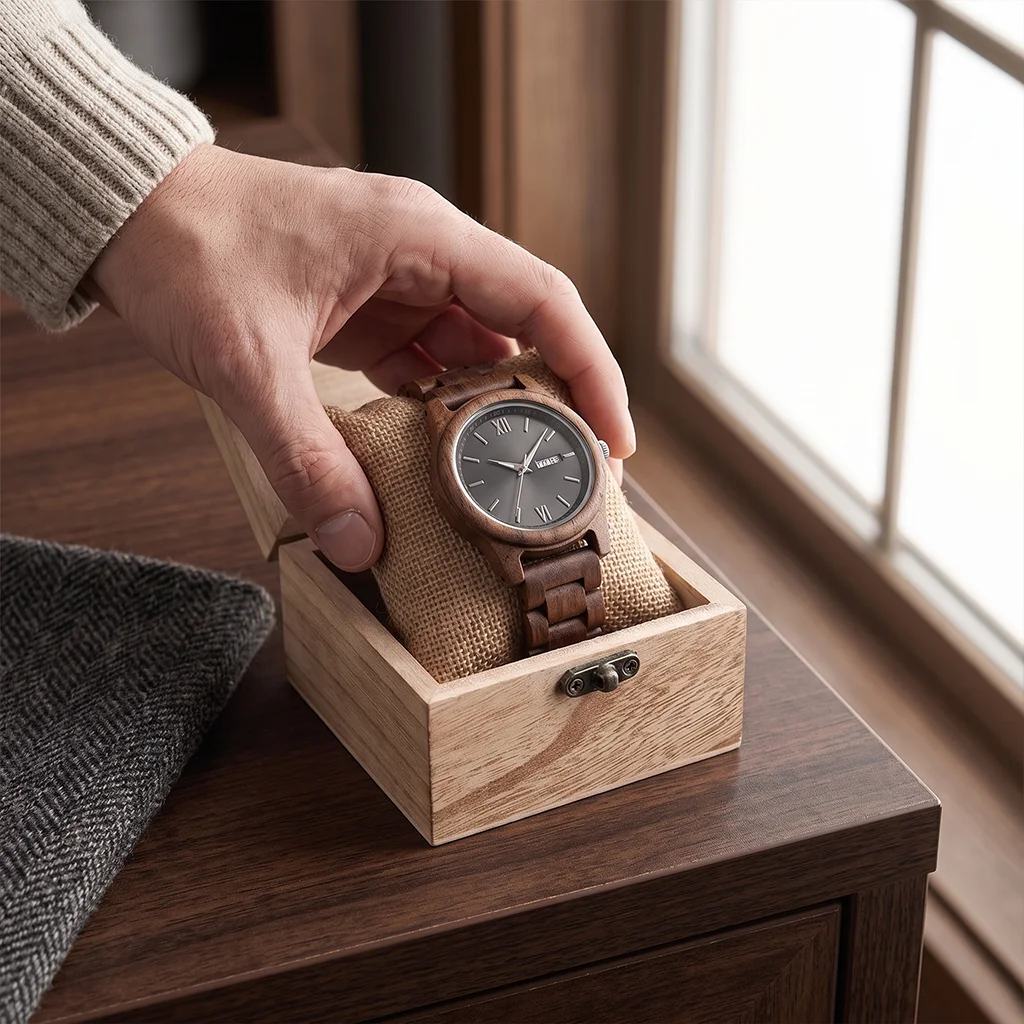 Men's Wooden Quartz Wristwatch with Date and Week Display description 8