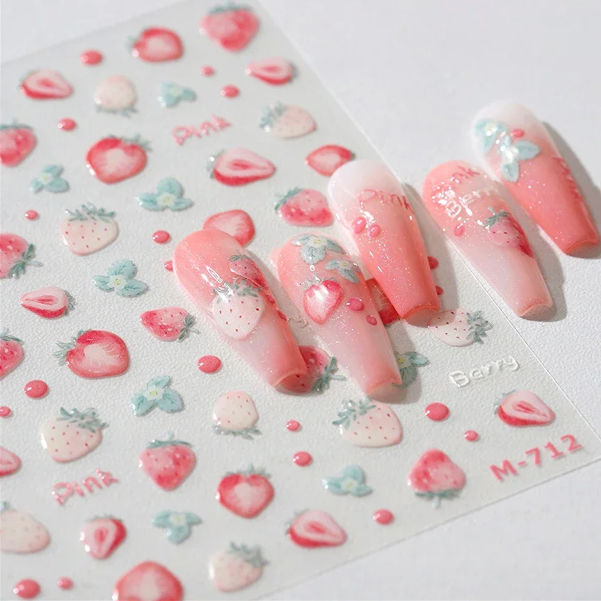 Cute Pink Cream Strawberry Fruit Raspberry Pretty Jelly Red Round Dot Fresh Lovely Delicate Strawberries Nail Art Stickers Decal