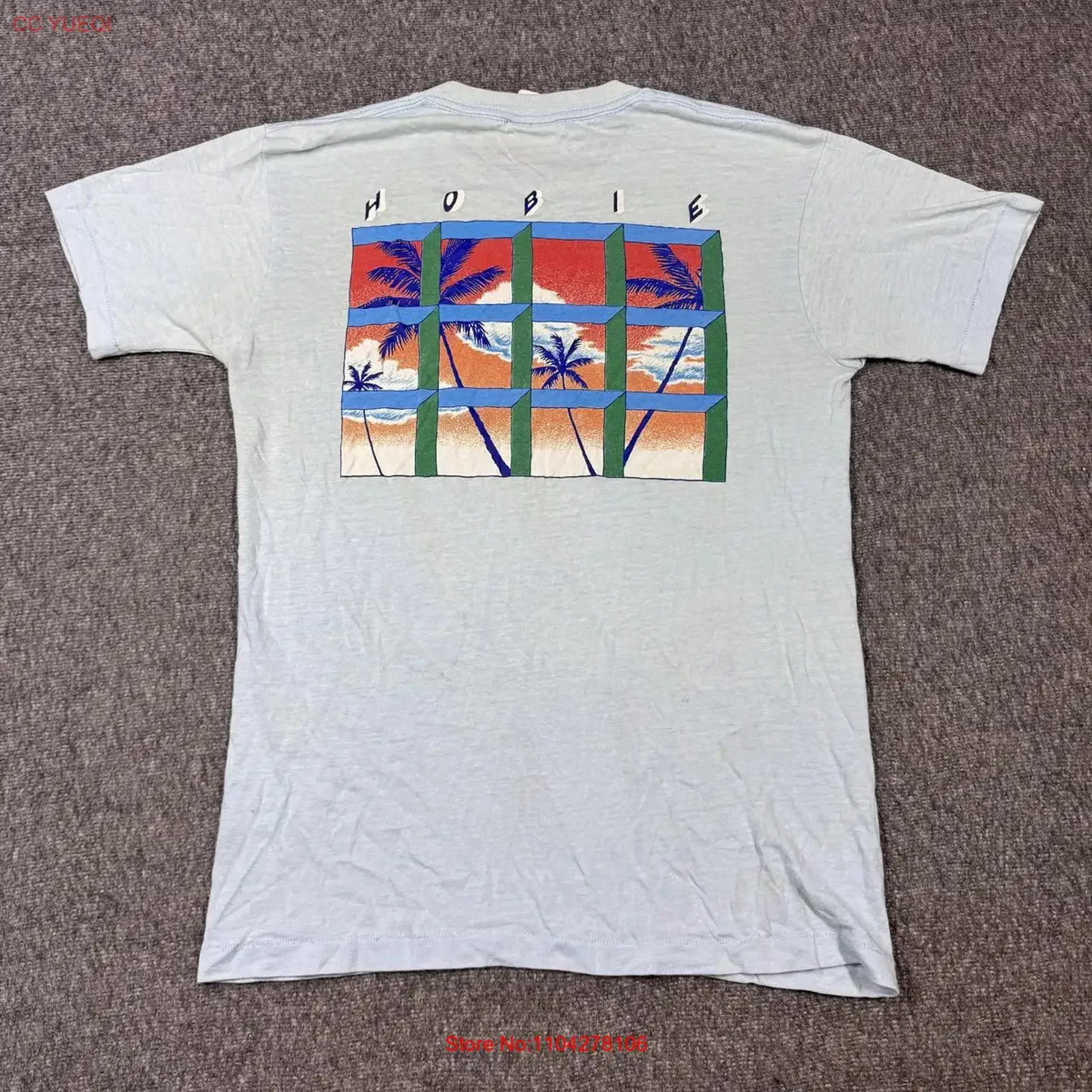 Camiseta Vintage Hobie para Hombre, Talla XL, Azul con Palmera, Hecha en EE. UU., Estilo Surf y Skate de los 80, Gráfico Lavado Vintage, Elástica