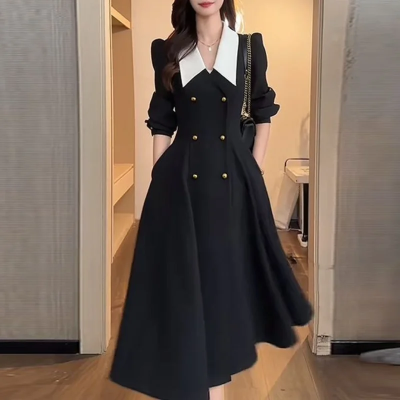 Hepburn-style Black and White Contrasting Dress Large Lapel Trench Coat Double-breasted Temperament Long Skirt Women's Commuting
