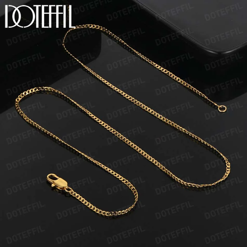 DOTEFFIL 18k Gold 2mm Sideways Necklace 925 Sterling Silver 16/18/20/22/24/26/28/30 Inch For Women Man Fashion Wedding Jewelry