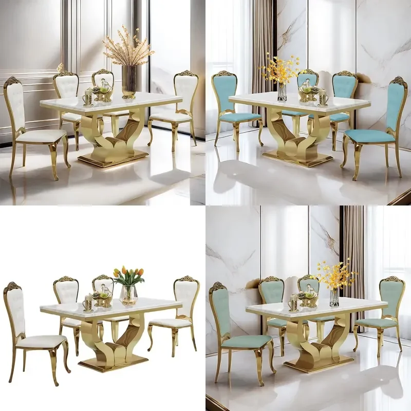 Stainless Steel Dining Table Set for Modern Luxury Living Room with Marble Top and Matching Chairs 6 Style Dining Base for