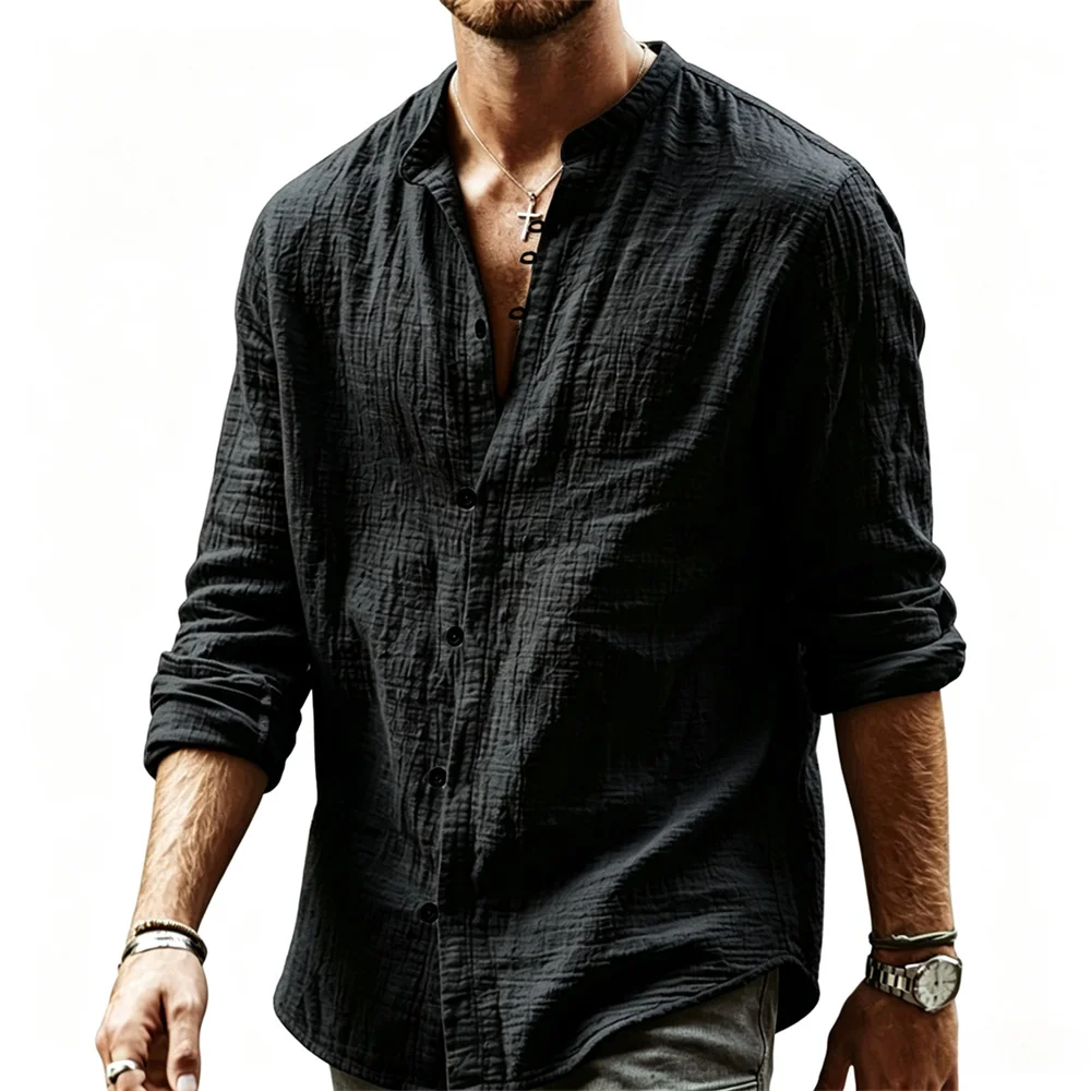 Men's Casual Shirt Cotton Solid Color V-neck Fashion Loose Fit Single Breasted Tops Breathable Lightweight Long SLeeve Shirts