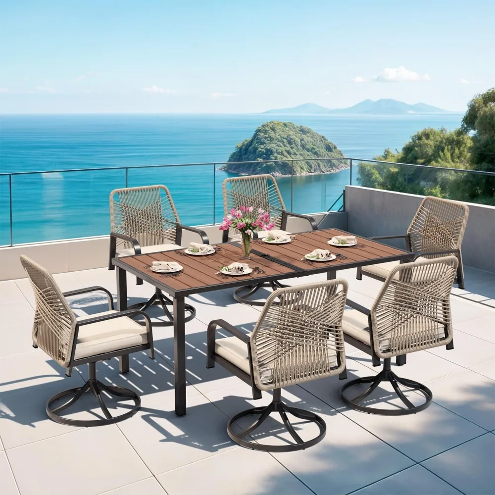 

7-Piece Outdoor Dining Set, 6 Swivel Rattan Chairs with Thick Cushions & Rectangular Dining Table with Umbrella Hole