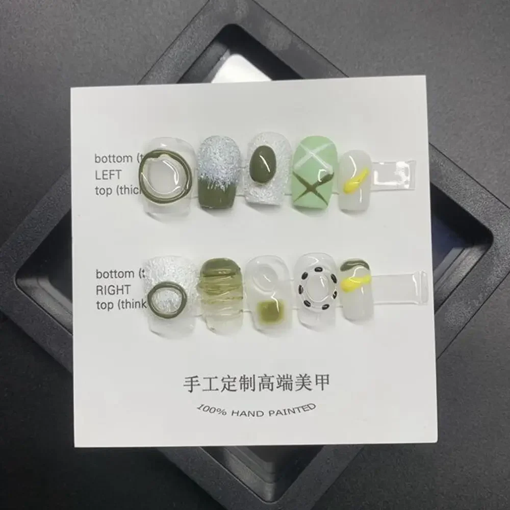 Handgemaakte Korte Groene Pers Op Nagels Met 3D-ontwerp Herbruikbare Lijm Valse Nagels Handverf Kunstmatige Acryl Nagels Voor Meisjes