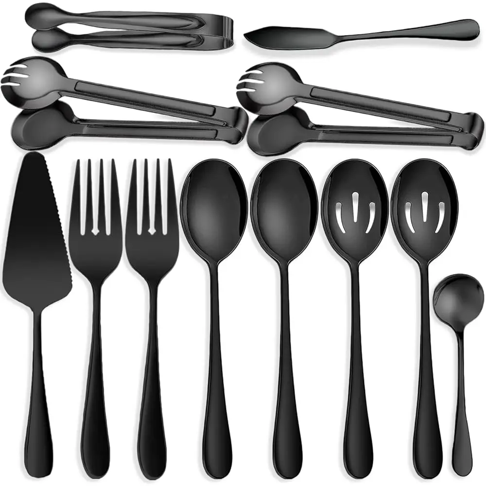 

12 Pcs Stainl Steel Serving Utensils - Large And Slotted Spoons, Forks, Tongs Bundle, Perfect For Buffet Catering And Parties,