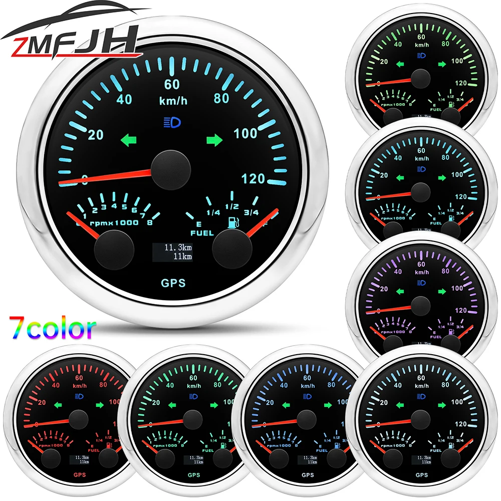 85mm GPS Speedometer Tachometer Fuel Level Gauge With Antenna 0-120KMH Speed Gauge 8000 RPM 7 Color Backlight 3 In 1 Gauge