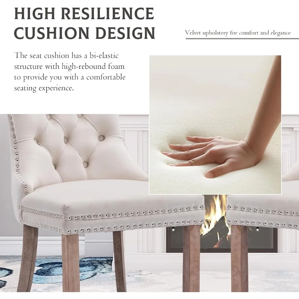 طقم كراسي طعام مخملية مكون من 6 كراسي منجدة لغرفة الطعام مع كراسي جانبية للمطبخ مع زخرفة رأس الأظافر وأرجل خشبية