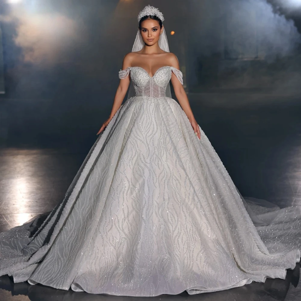 Robe de mariée de luxe en dentelle scintillante, personnalisée, avec perles, ligne A, épaules dénudées, jupes de princesse