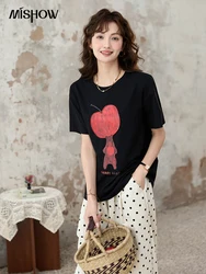 MISHOW Apple Bear Printed T-shirt 2024 Summer Round Neck Loose Tops 100 Cotton Falling Shoulder Sleeves Casual Tees MXD30T0299