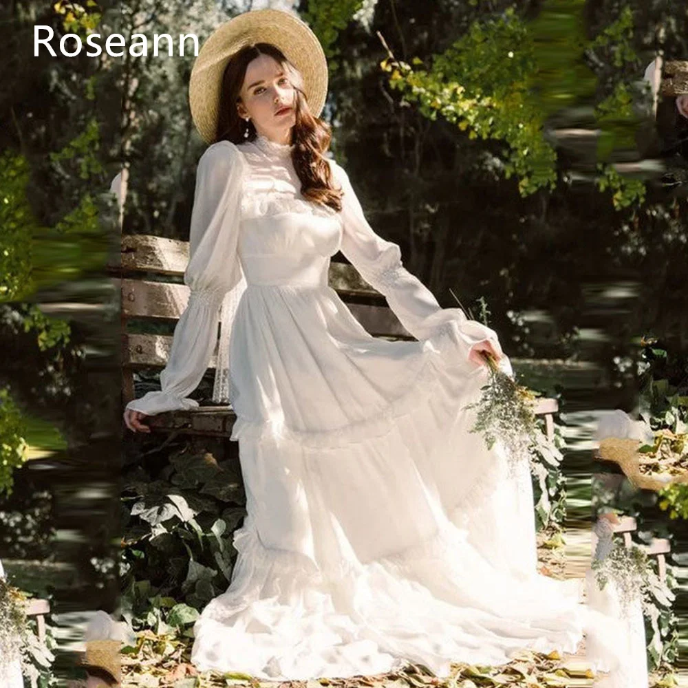 Customized High Quality A-line Wedding Dresses High Collar Design Layered Long Sleeve Draped Pleat Anke Length robe de mariée