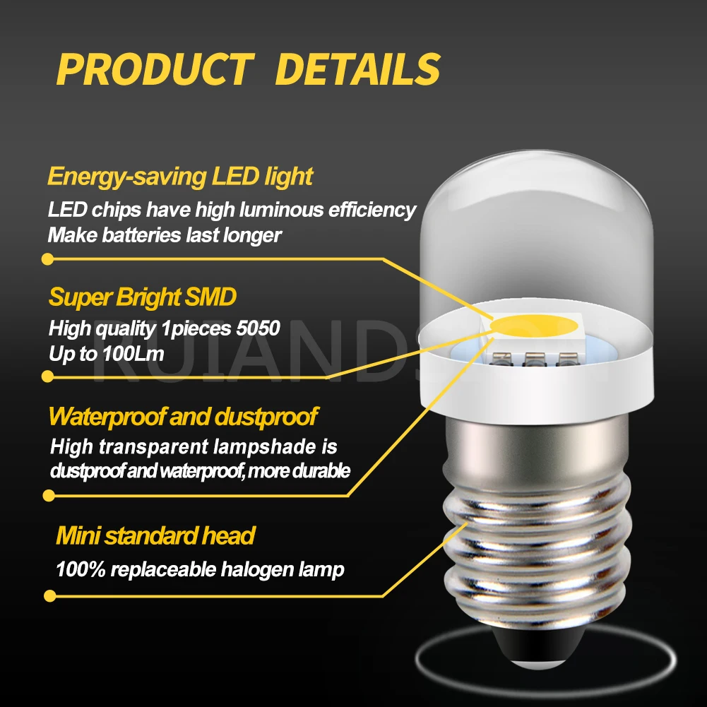 E10 LED Bulb 3V 6V 12V Mini Screw Base Light 5050 SMD 4300K/6000K/Yellow Replacement Lamp for Flashlight Torch RV Car Indicator