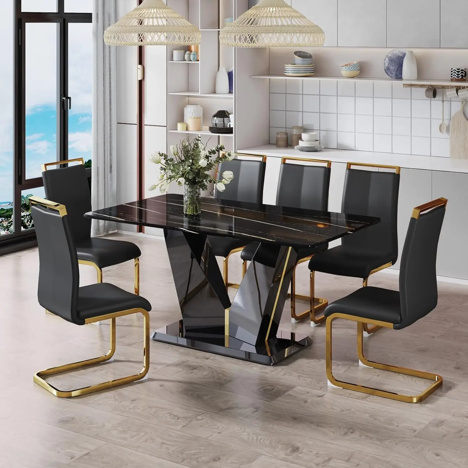 7 Pieces Modern Black Dining Table Set 63