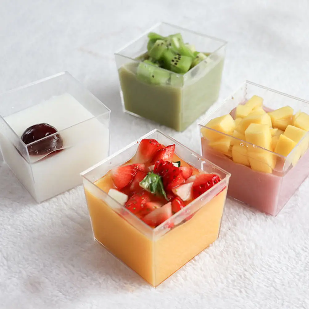 

50pcs Disposable Pudding Cups Plastic Dessert Mousse Party Cake Transparent Fruit Bowls Birthday Banquets Gifts