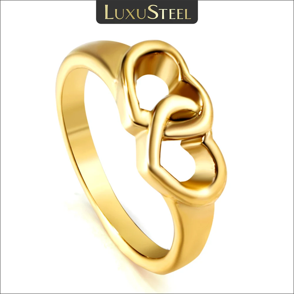 Luxus Stahl romantische doppelte hohle Herz ringe für Frauen Edelstahl goldene Metall Textur Hochzeit Liebhaber Schmuck versand kostenfrei