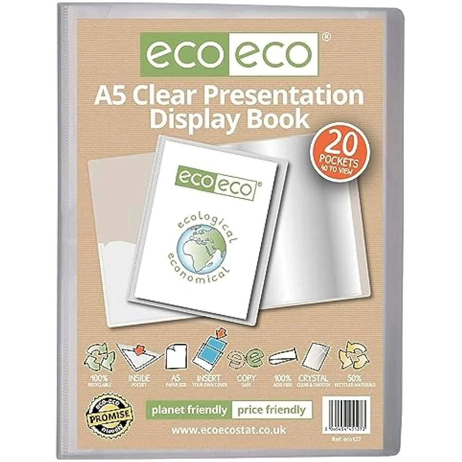 Eco-eco tamaño A5, 50 por ciento reciclado, 20 bolsillos, transparente, estuche de almacenamiento para libros, carpeta artística con plástico Sl