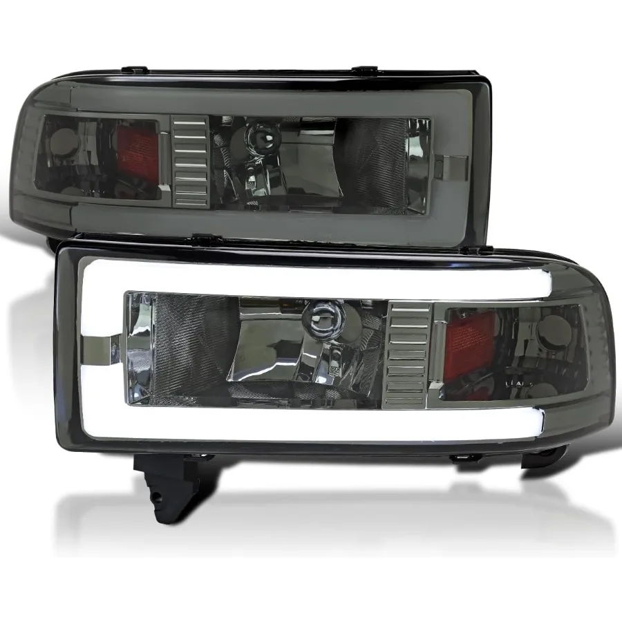 

Smoke Headlights with LED Tube for 1994-2001 Dodge Ram 1500 2500 3500 Trucks Left and Right Pair Headlamp Assembly with Enhance