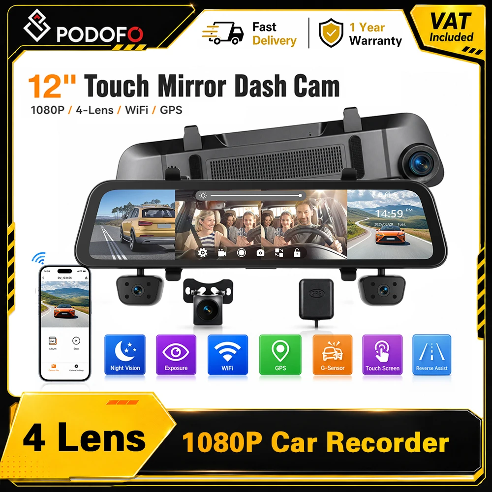 Podofo Caméra de tableau de bord de voiture avec écran tactile de 12 pouces, boîte noire de voiture, caméra de tableau de bord, quatre caméras 4x1080P, rétroviseur GPS 360 °   Vision nocturne surround noir et blanc, assistance à la marche arrière, enregistrement en boucle 150 ° +120 °   Grand angle pour tous les véhicules