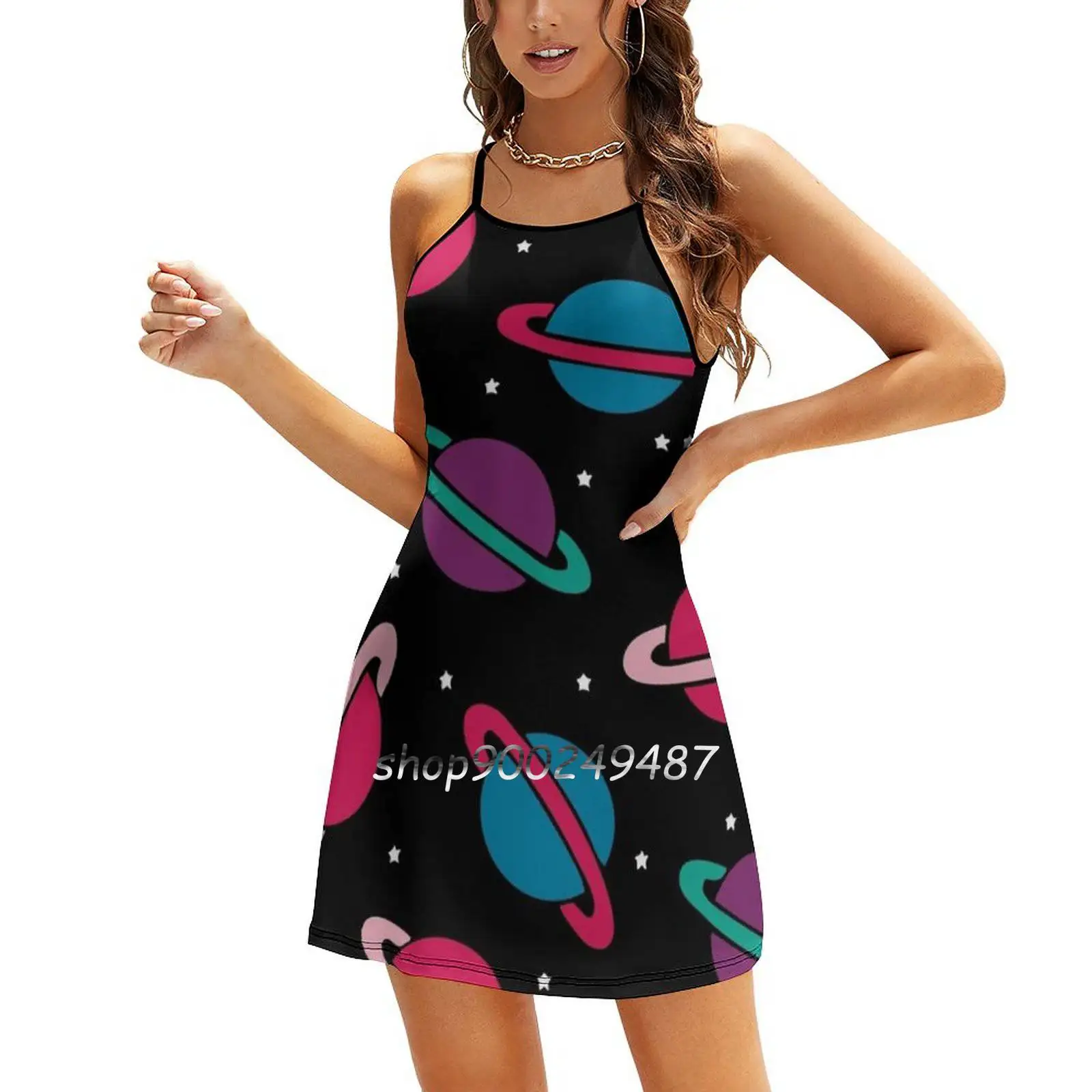 Neon Space Planets Pattern Sweetheart Knot Flared Dress Fashion Design Large Size Loose Dress Space Stars Galaxy Planets