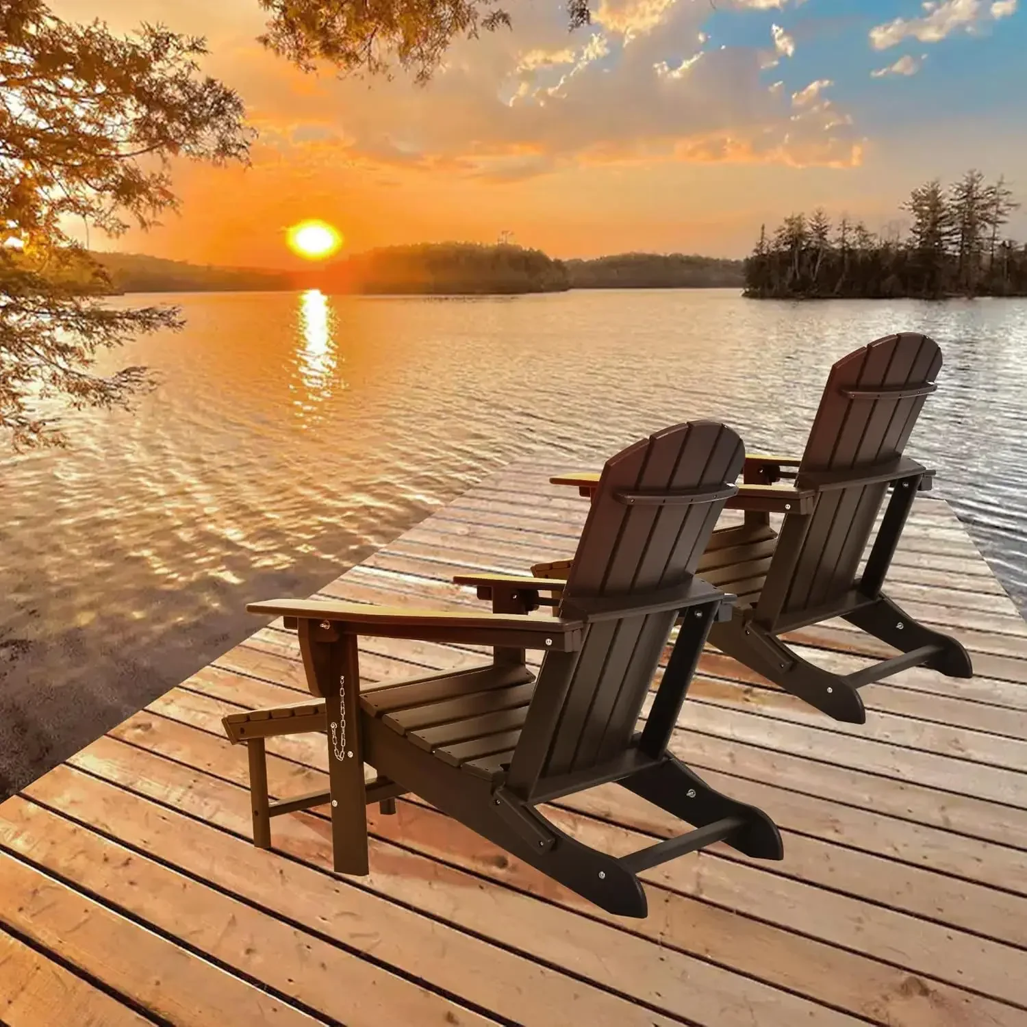 Adirondack Chair with Pull Out Retractable Ottoman,Set of 2 Adjustable Reclining  Folds and Collapses for Easy Carry, 100% Poly