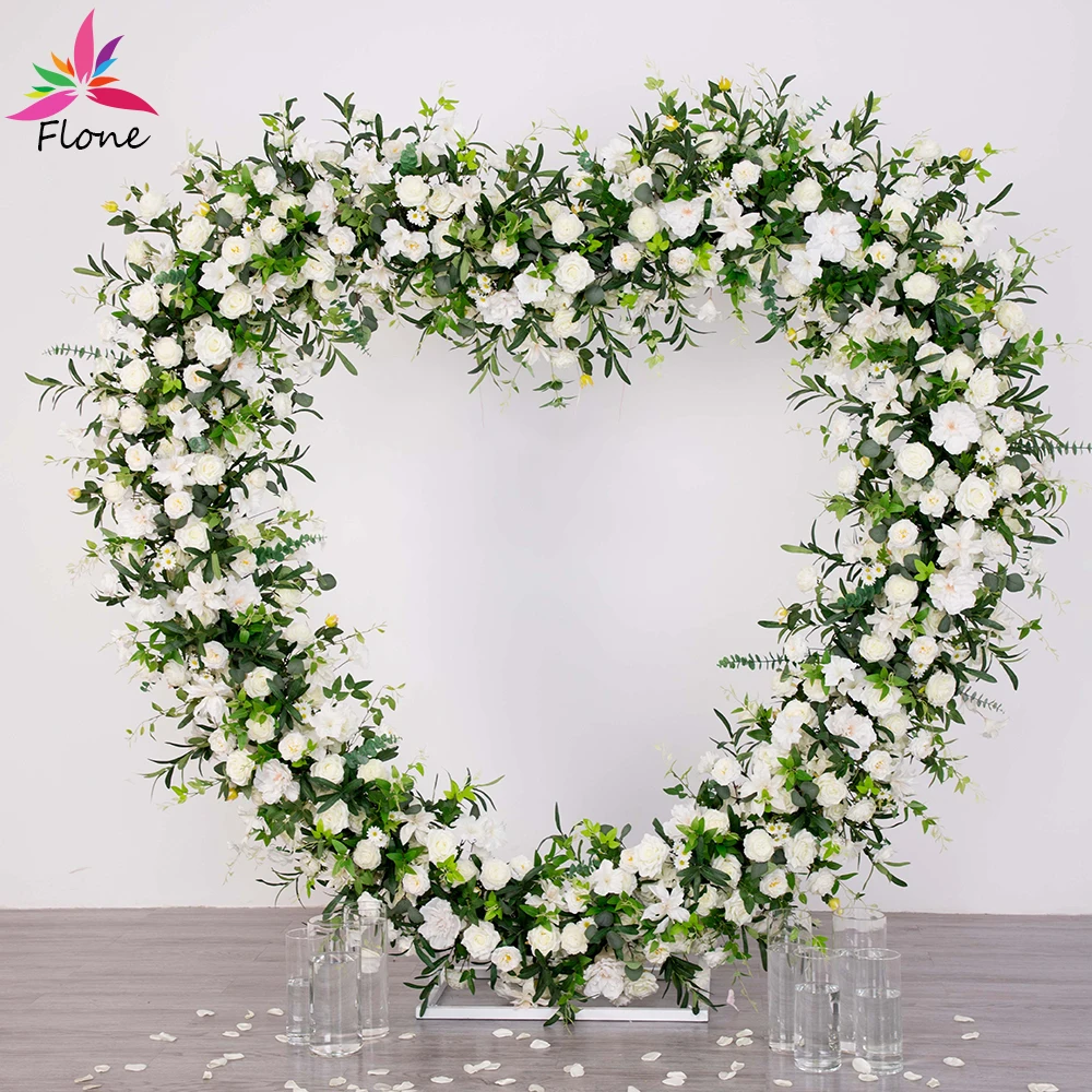 

2/2.2/2.7m Green White Heart-shaped Artificial Flower Row Rose Olive Leaf Peony Floral Arrangement Wedding Party Backdrop Decor