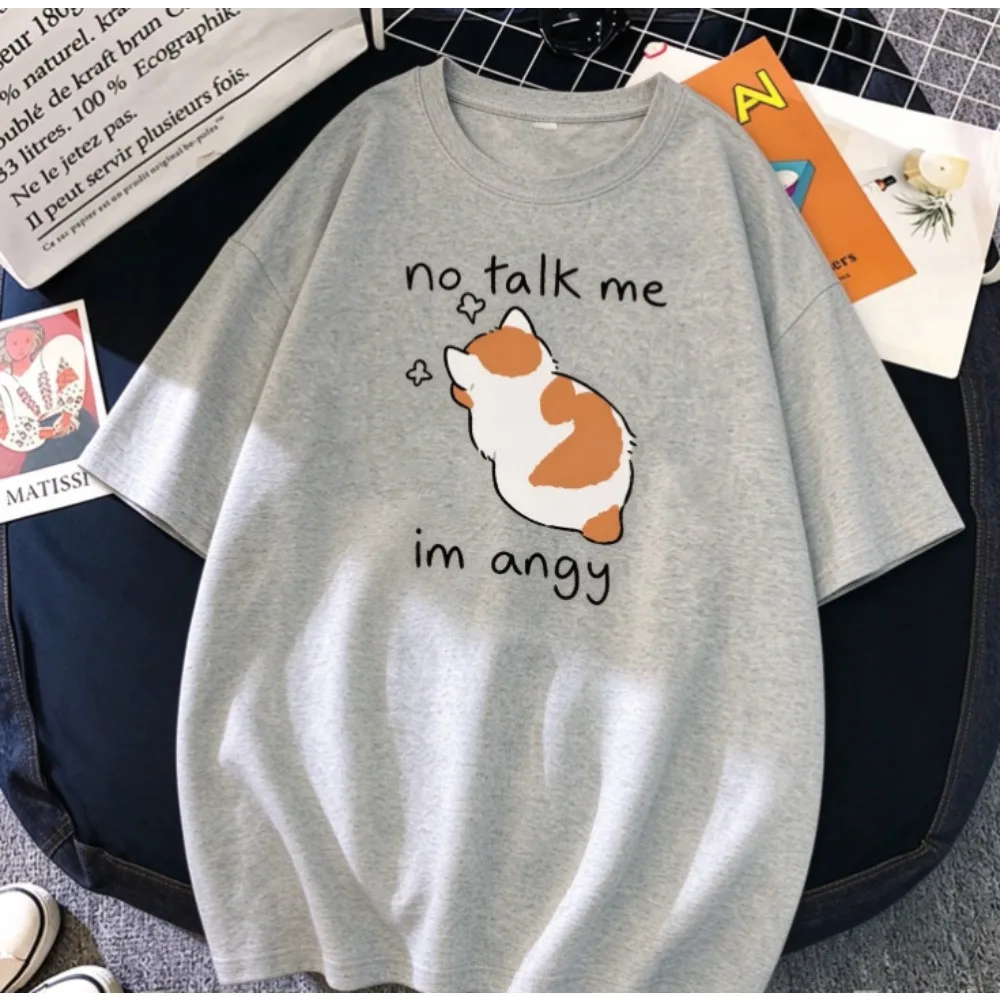 Angry Cat No Talk Me Im Angy Graphic Tee Front Grumpy Cat Cartoon Print Women Casual Oversized Cotton Short Sleeve T-shirt
