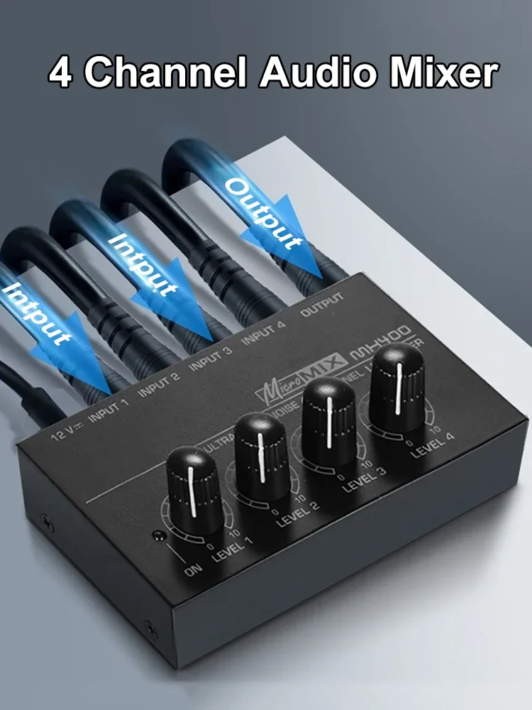 Mélangeur de ligne à 4 canaux, Mini mélangeur de son DC 12V, opération facile, bruit Ultra faible, 4 entrées 1 sortie avec adaptateur secteur