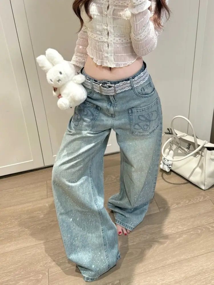 2026 Women Vintage Embroidery Blue Jeans Streetwear Y2K Wide Leg Straight High Waist Trousers American Retro Baggy Denim Pants
