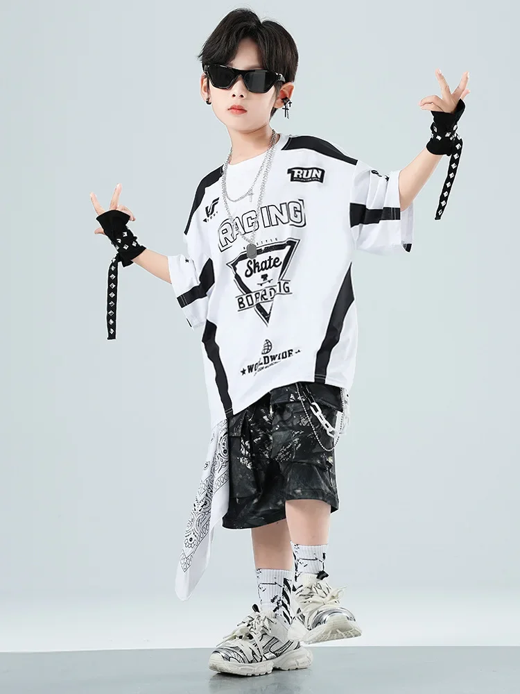 

Одежда для занятий в стиле хип-хоп, детский костюм для уличных танцев с короткими рукавами в мотоциклетном стиле, костюм в стиле хип-хоп для мальчиков