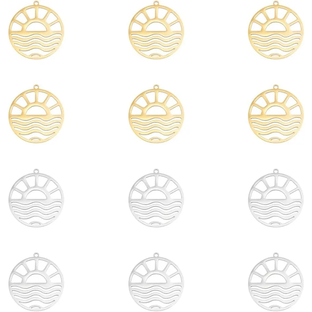 

12Pcs 2 Colors Flat Round Sun Charms Stainless Steel Charm Pendants Sunshine Hollow Charm Bracelet Earring DIY Jewelry Making