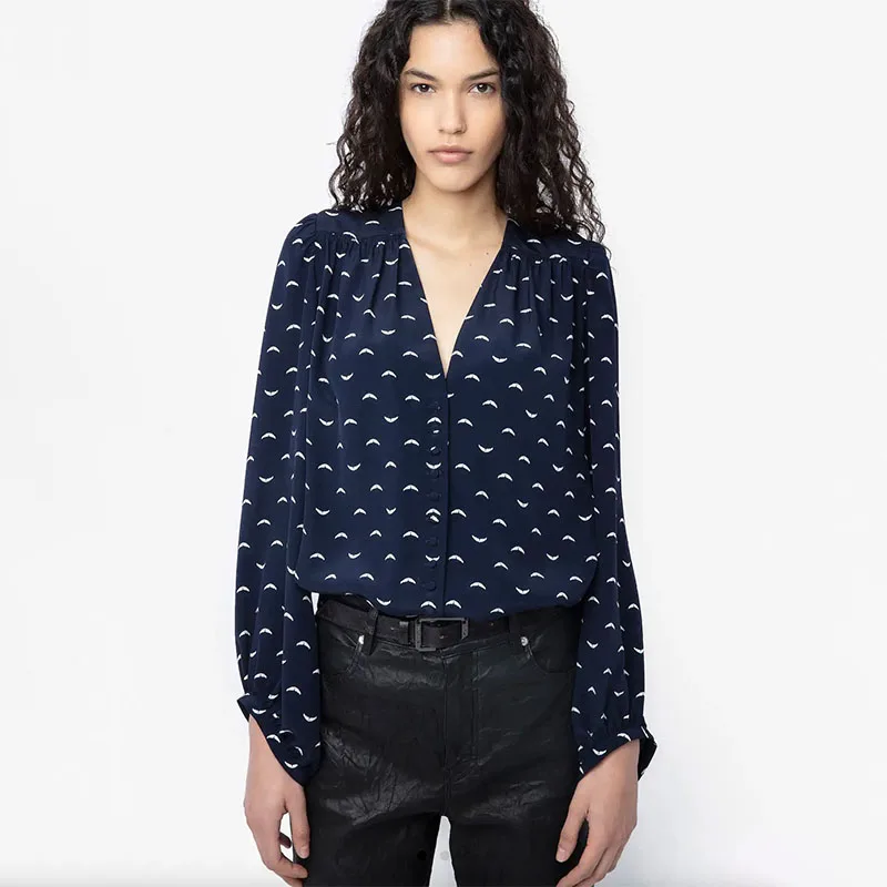 

Zadig Casual Blouse Woman Silk Fashion Wings Long Sleeve Shirts Female Navy Blue Button Summer V-Neck Blouse Calssic Clothing