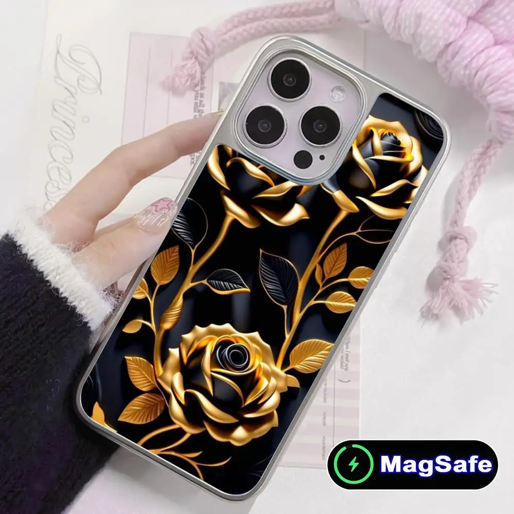

Golden Rose Mobile Cell Phone Case for iPhone 17 16 15 14 13 12 11 Air Pro Max Plus Magsafe Silver Plating Colorful Cover Luxury