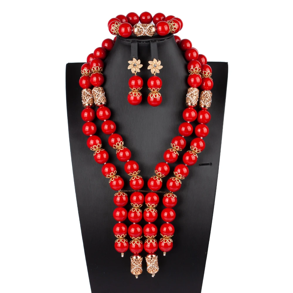 

Classy Woman Bridal Costume Jewelry Set Amazing Red Stone Beads And Gold African Beads Wedding Jewelry Set ABS196