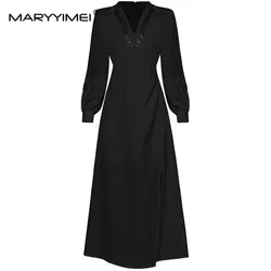 MARYYIMEI New Fashion Designer Women's Spring 2024 New V-Neck Lantern Long-Sleeved Nail Beads Pleated High-Waisted Split Dress