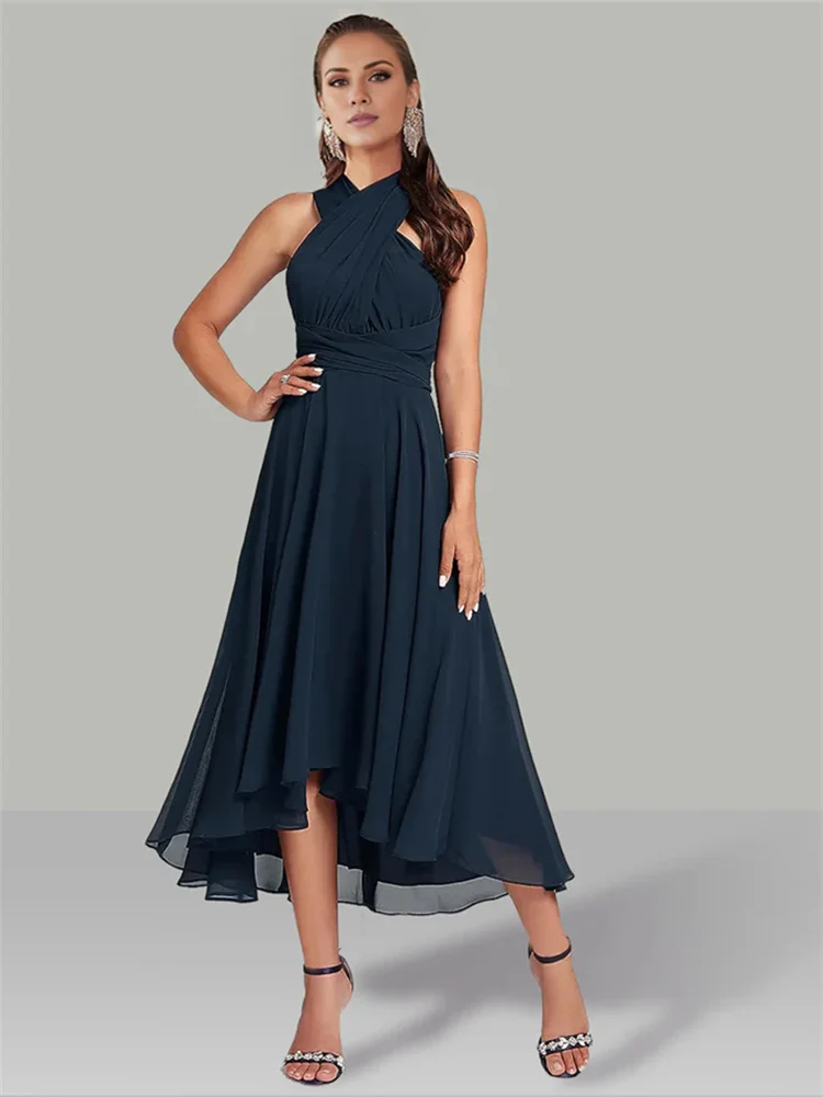 A-Line Blue Wedding Guest Dresses Convertible Infinity Mother Dress Formal Tea Length Sleeveless One Shoulder Chiffon Ruched New