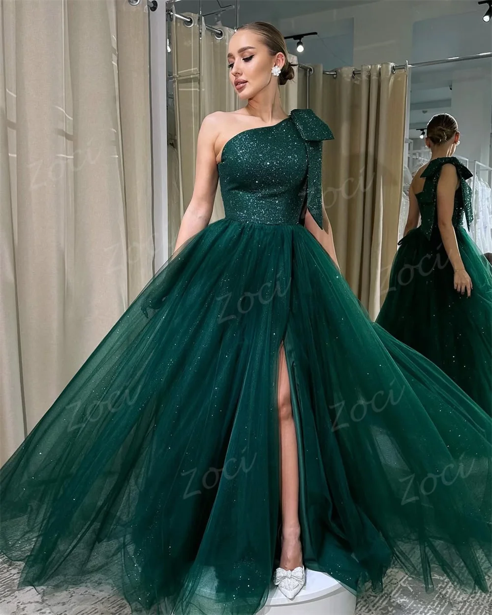 Zoci مخصص الأخضر الداكن لامعة تول فساتين لحضور الحفلات الموسيقية كتف واحد بلا أكمام فساتين الحفلات المسائية عالية الشق فستان الزفاف للنساء