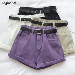 Shorts Women Summer Denim Solid Crimping All-match High-waist Wide-leg Students Korean-style Casual Streetwear Chic Slim Simple