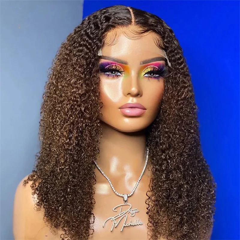 Perruque Lace Front Wig sans colle crépue bouclée pour femme, cheveux de bébé, brun ombré, douce, densité 180, 26 pouces, préplumée, degré de chaleur, 03/3