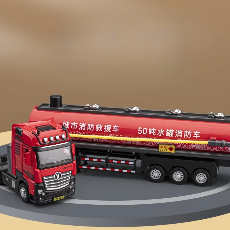 1:50 Large Trailer Urban Fire Rescue Vehicle Model Simulation Big Truck Water Tanker Toy Car Package