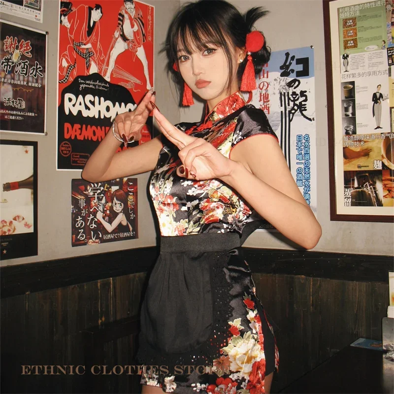 طباعة زهرة اليوسفي طوق تشيباو حجم كبير 6XL أنثى فيستدوس الساتان شيونغسام أنيمي تأثيري ازياء فتاة Y2K فستان صيني