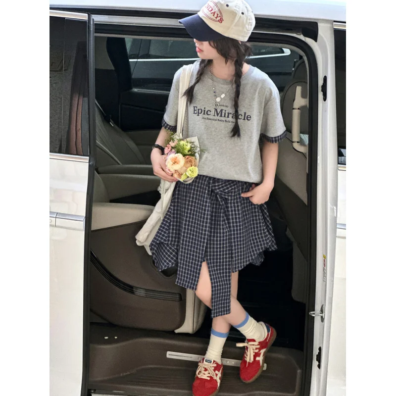 

Girls' plaid skirt-pants set for summer, stylish short-sleeved outfit for older girlstT-shirt and skirt street dance two-piece s