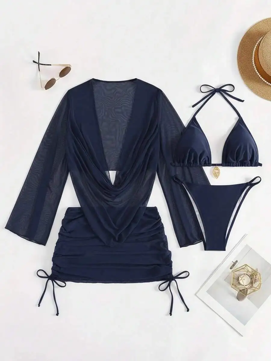 4pcs Solid Bikini Set With Sheer Cover Up For Beach Vacation Party