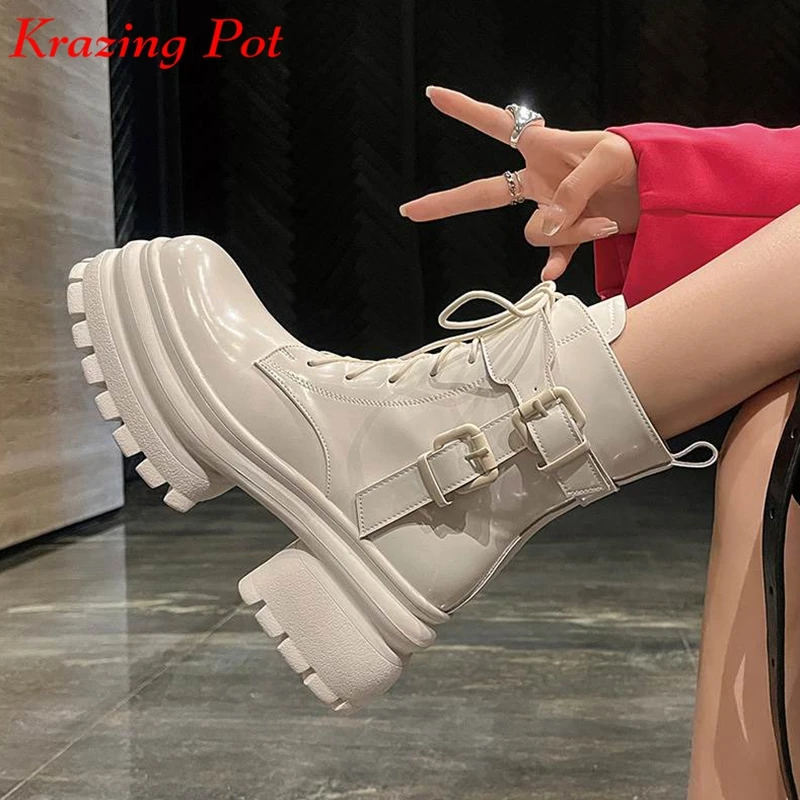 Krazing Pot Cow Leather Round Toe Winter Warm Motorcycles Boots Thick High Heels Zipper Luxury Rock Singer Platform Ankle Boots