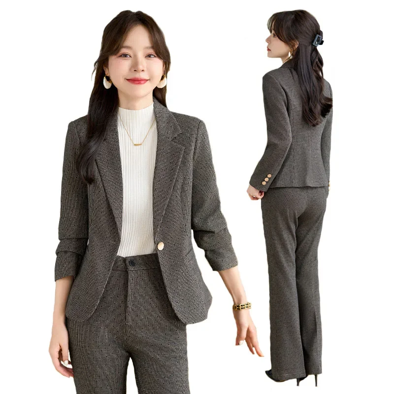 Pop 2024 Autumn Winter New Retro Plaid Woolen Blazer Coat And High Waist Flare Pant Two Piece Set Women's Suit Business Clothing