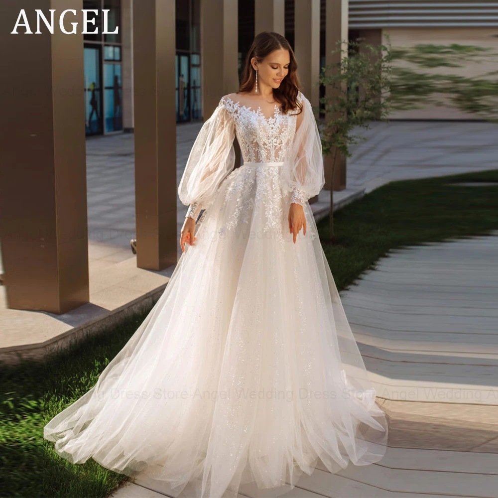 

ANGEL Long Puff Sleeves Princess Wedding Dresses For Bride O-Neck Applique Lace Bridal Gown Robe De Mariée Bohème Custom Made