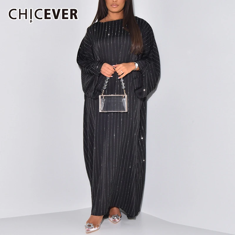 

CHICEVER Luxury Evening Dresses For Women Round Neck Flare Sleeve Loose Waist Patchwork Diamonds Gown Female Clothing Autumn New