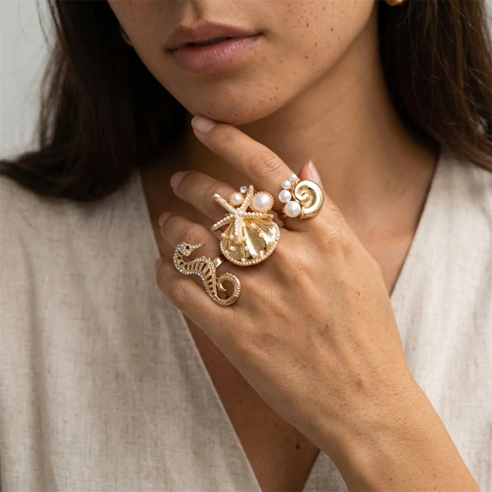 Exaggerated Chunky Shell Starfish Ring Set for Women Oversized Pearl Rhinestone Finger Ring Ocean Summer Beach Vacation Jewelry