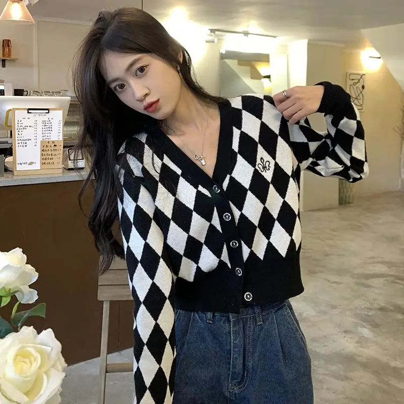 Korean Style Spring Autumn Black White Checkerboard Patterns Knit Cardigans Outerwear Women\'s Sweater Preppy Style Students Coat