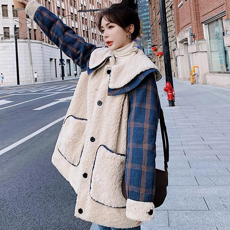 2023 Women Mid-Length Lamb Wool Jacket Spliced Plaid Vintage Fashion Elegant Warm Parkas Winter Female Loose Thicken Coat